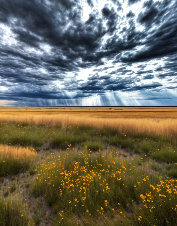 Golden field under dramatic sky with sunbeams and wildflowers