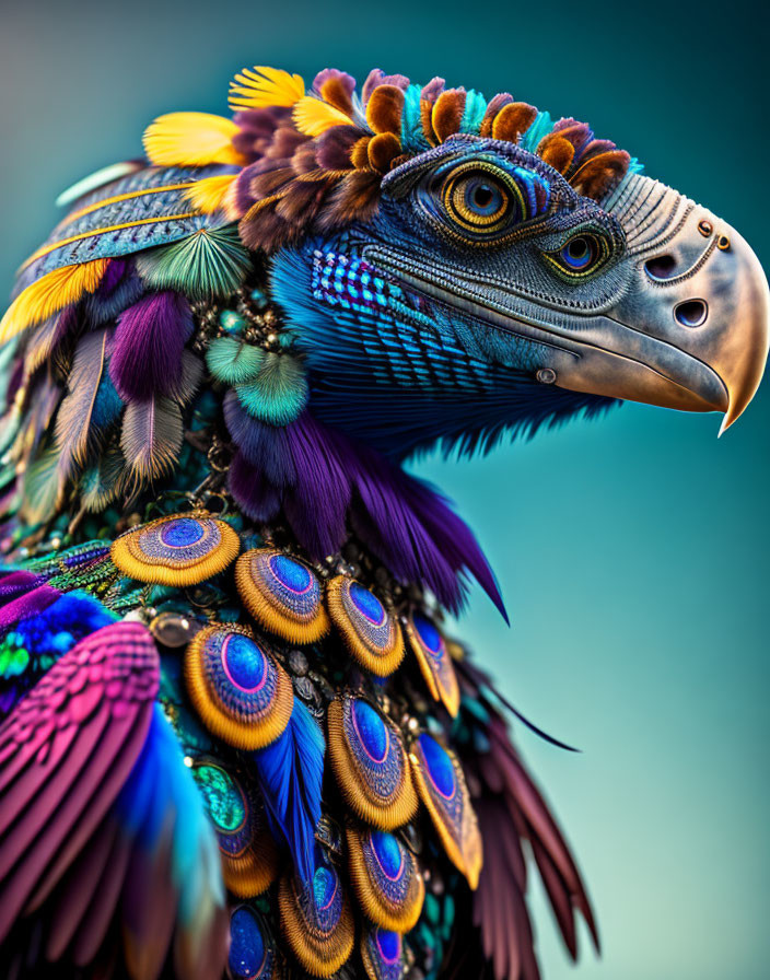 Fantastical bird-reptile hybrid with vibrant blue and purple feathers