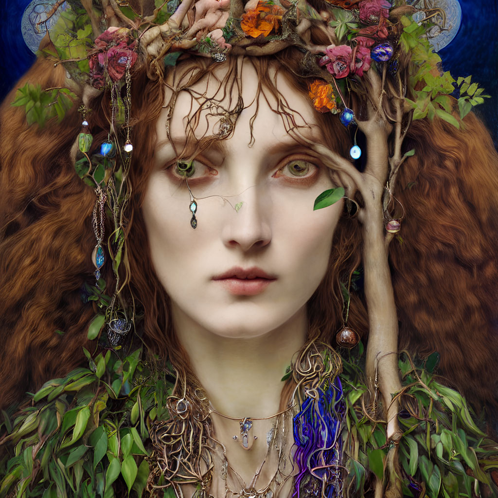 Red-haired woman with green eyes in mystical nature-inspired portrait