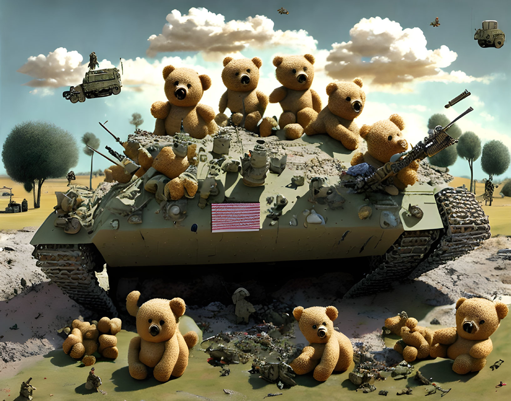 Military-themed teddy bears on tank in surreal battlefield