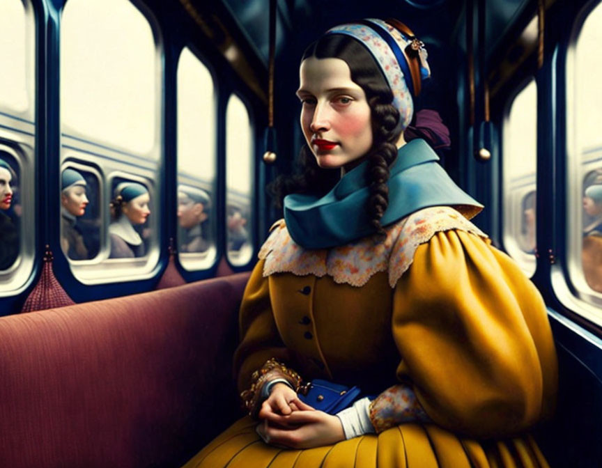 Historical woman in headscarf with book inside train car with reflections.