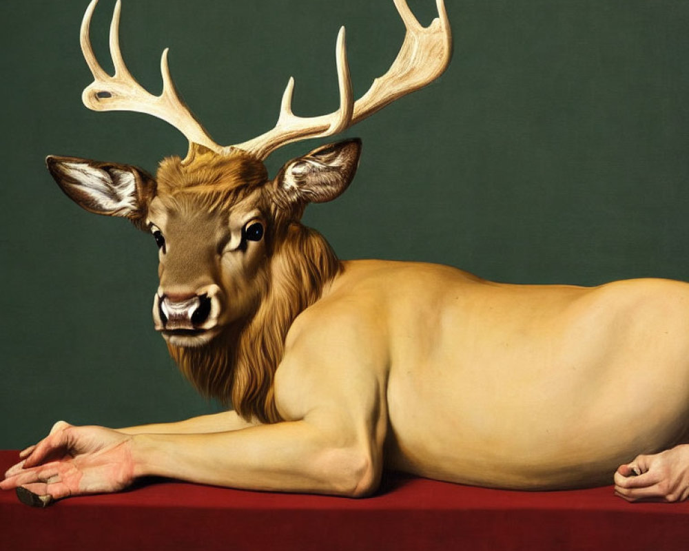 Surreal painting: human body, deer head, antlers, green background