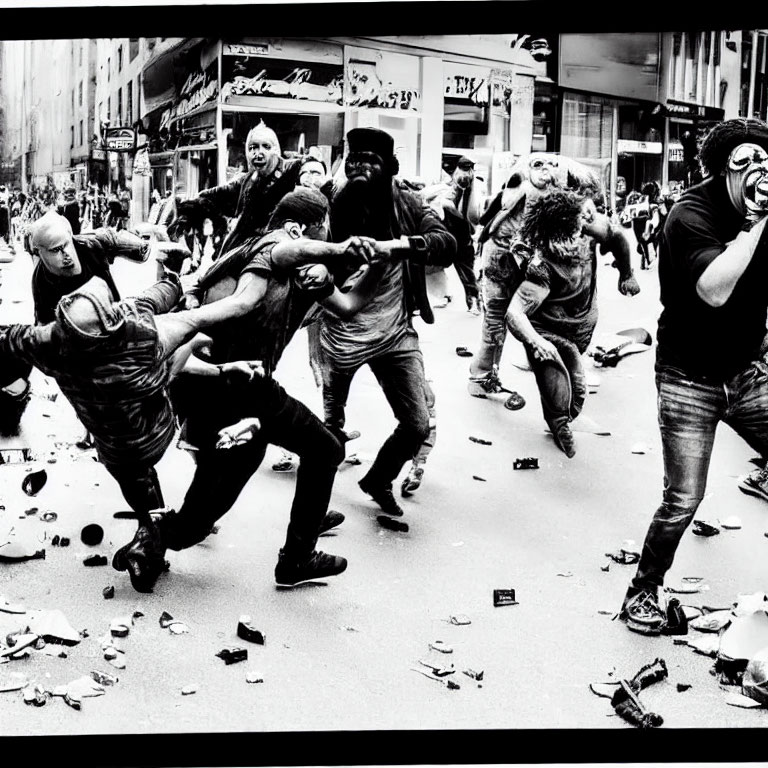 Chaotic street scene with physical altercation and debris.