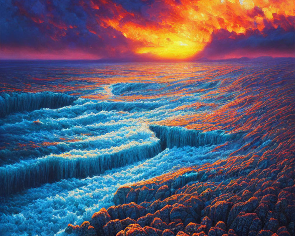 Vivid Surreal Landscape with Blue Waves and Fiery Sky