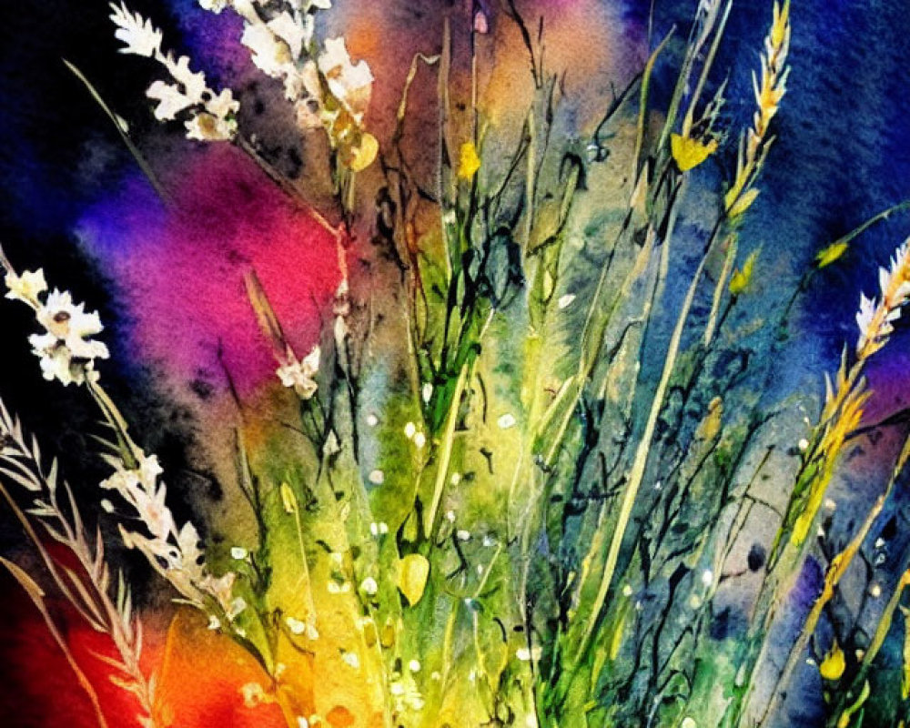 Colorful Watercolor Painting of Wildflowers on Abstract Background