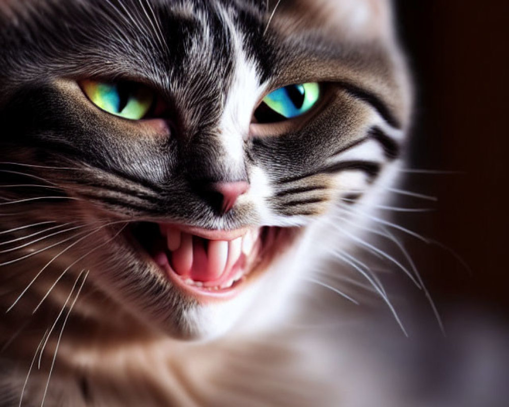 Tabby Cat Close-Up with Green Eyes and Open Mouth on Dark Background