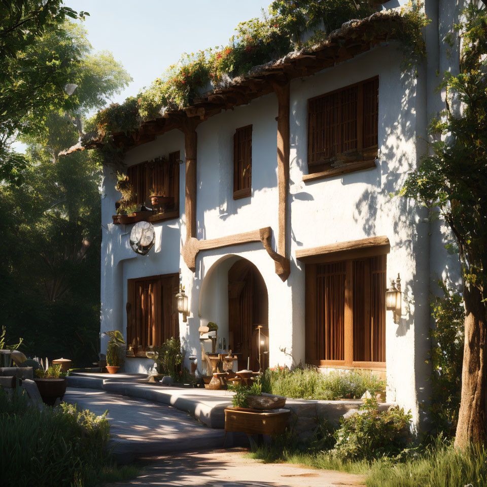 Quaint Two-Story Cottage with Ivy, Shutters, and Cobblestone Pathway