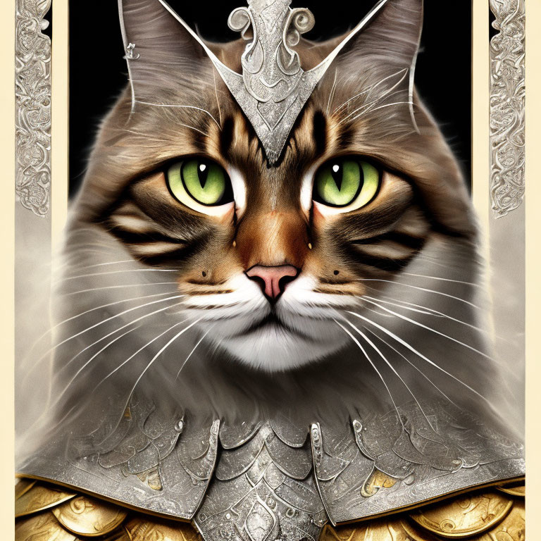 Regal cat in ornate silver and gold armor with green eyes