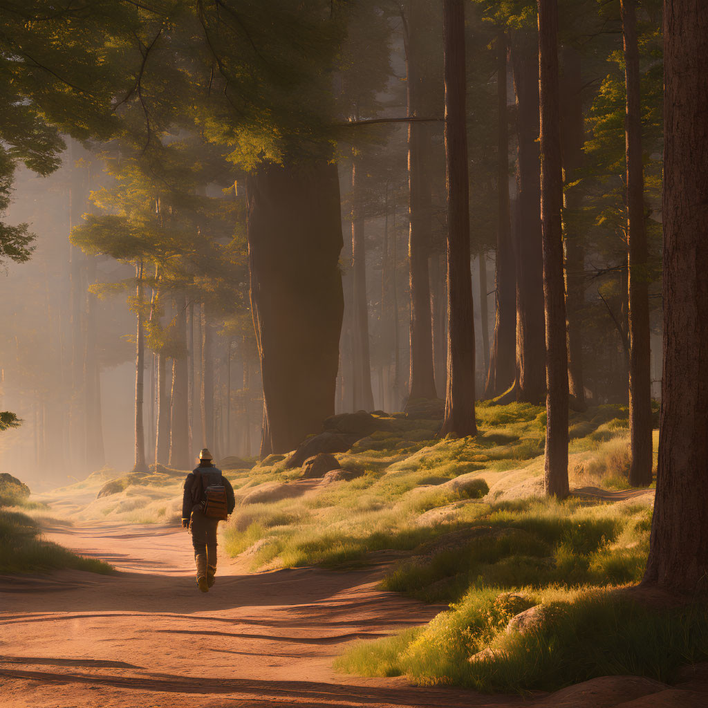 Person walking on forest path surrounded by tall trees and lush greenery