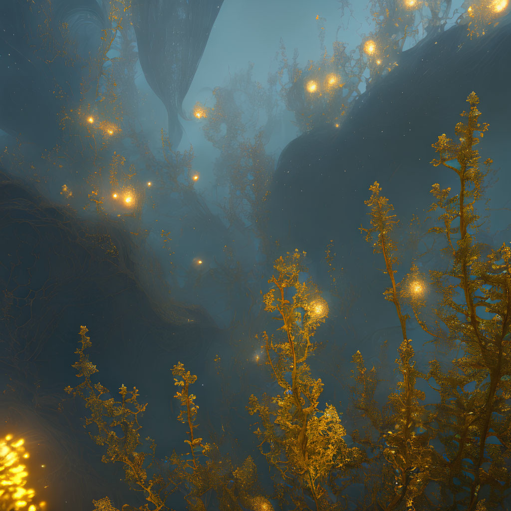 Golden illuminated kelp forests in ethereal underwater scene