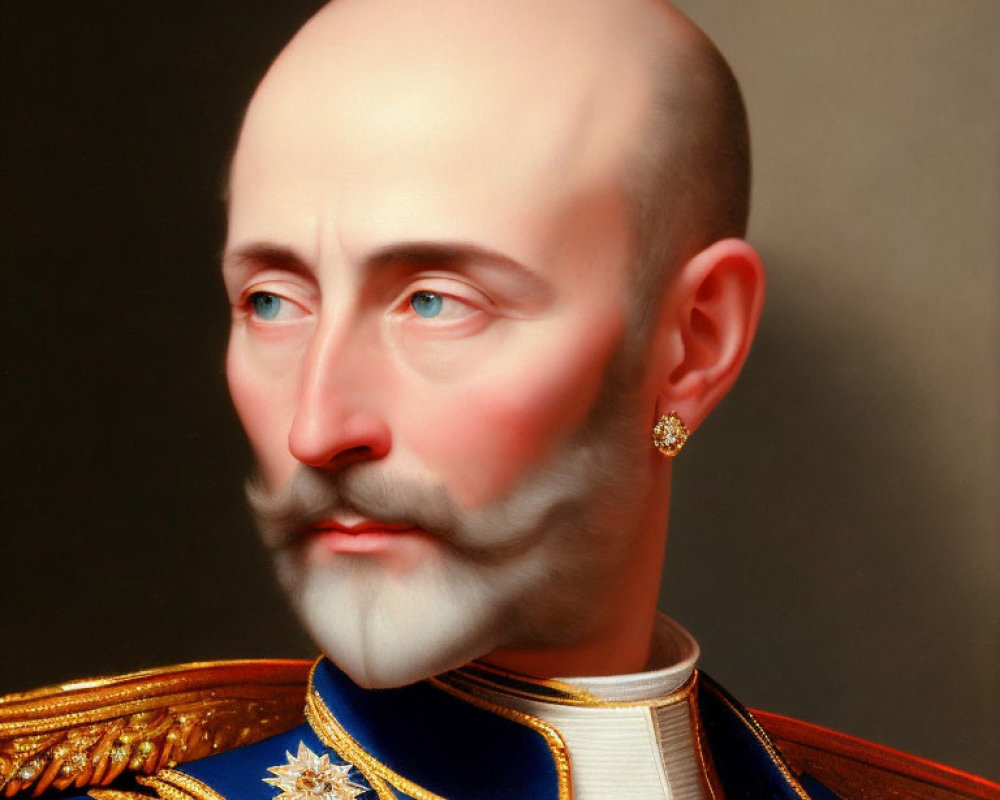 Bald Man with Mustache and Beard in Military Uniform Portrait