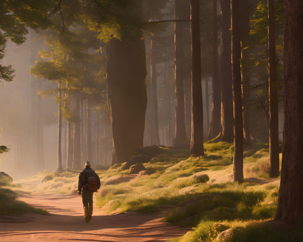 Person walking on forest path surrounded by tall trees and lush greenery