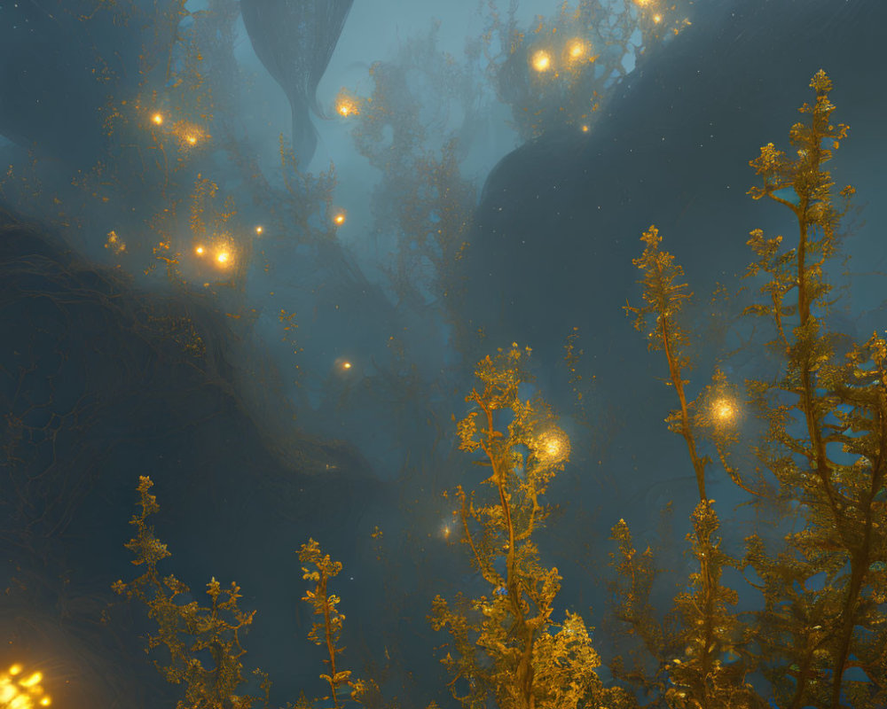 Golden illuminated kelp forests in ethereal underwater scene