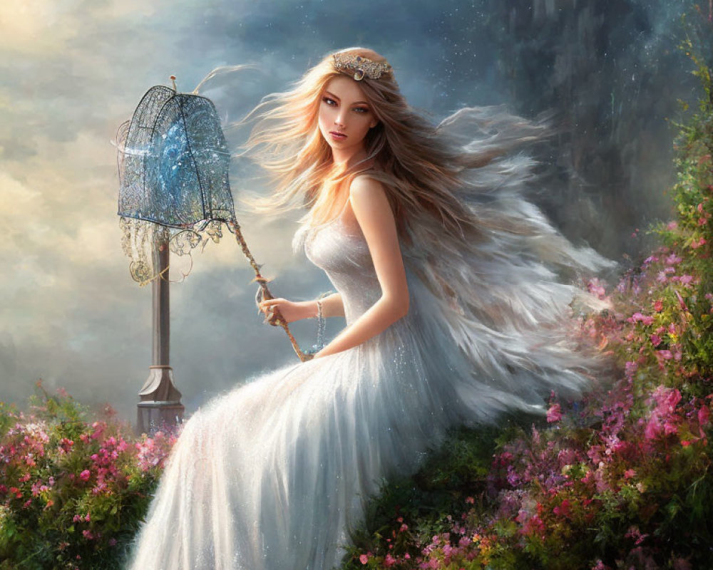 Angel in White Dress with Wings and Staff in Flowery Landscape