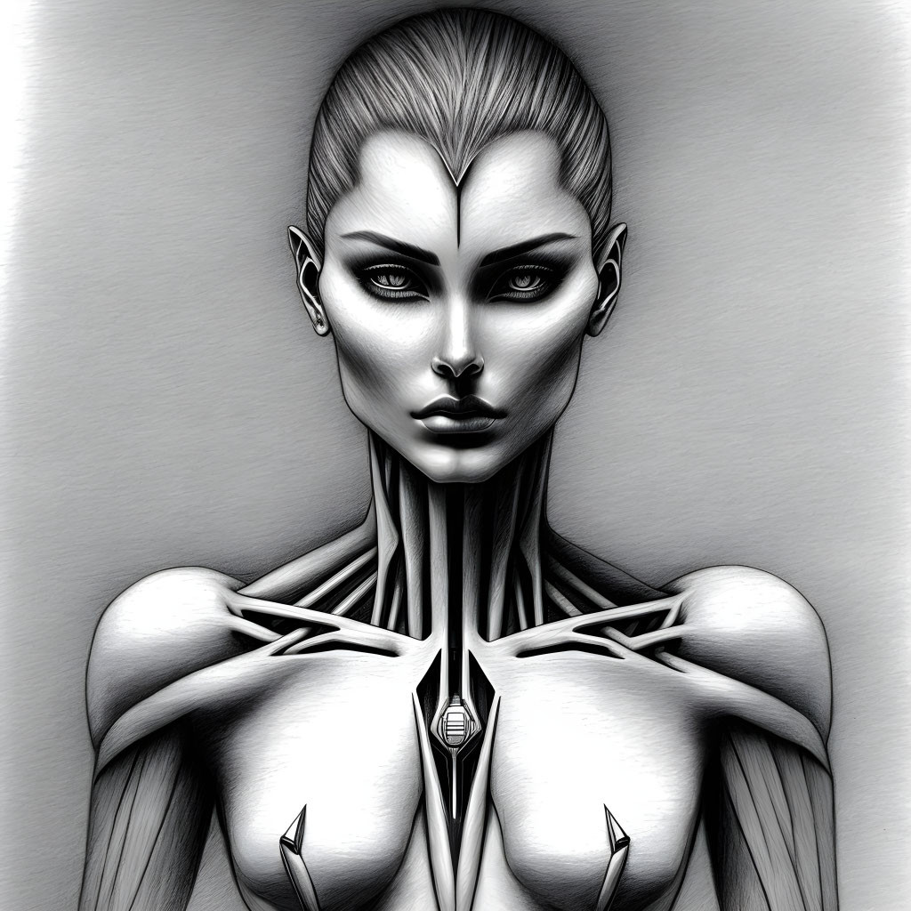 Monochrome stylized female figure with exposed mechanical neck and sharp facial features.