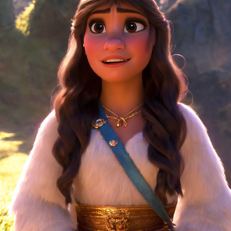 Smiling animated girl with brown hair in white fur cloak and gold jewelry in nature.