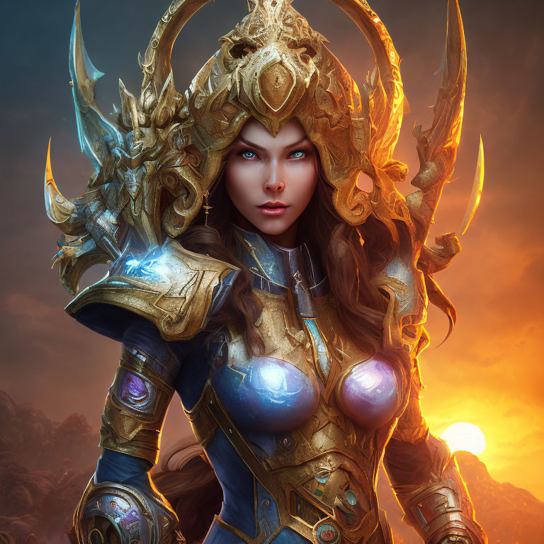 Golden armored female warrior with horned helmet in dramatic sunset.