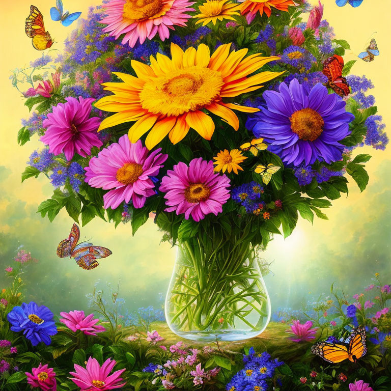 Colorful Flowers Bouquet with Butterflies on Bright Yellow Background