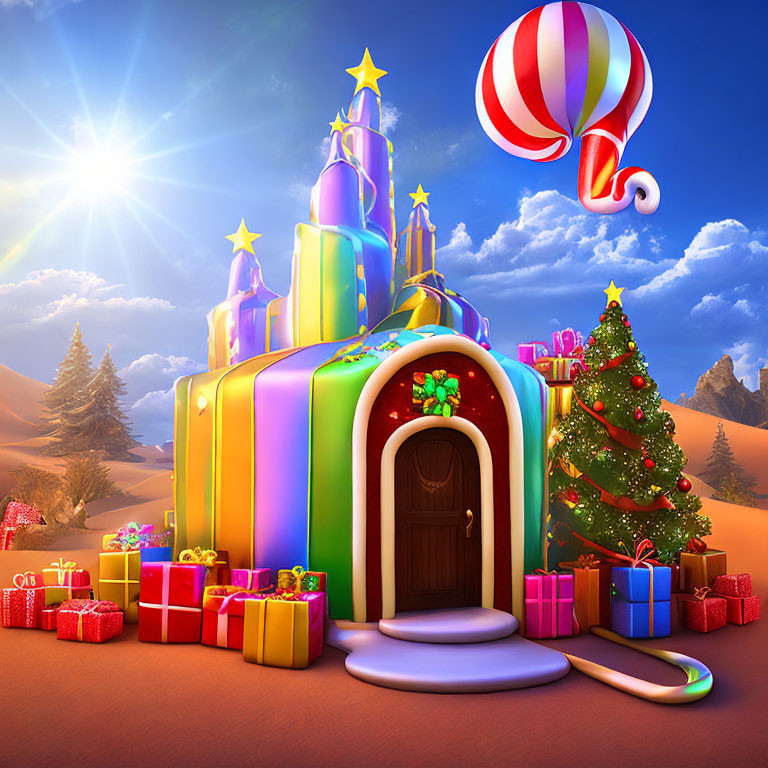 Colorful whimsical castle with Christmas tree in desert landscape