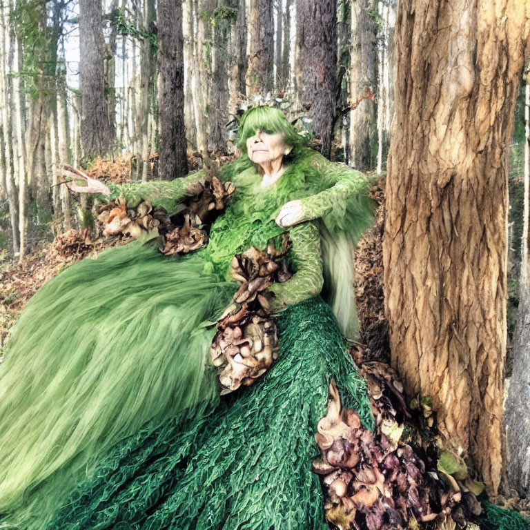 Elderly woman in green nature dress blending with forest setting