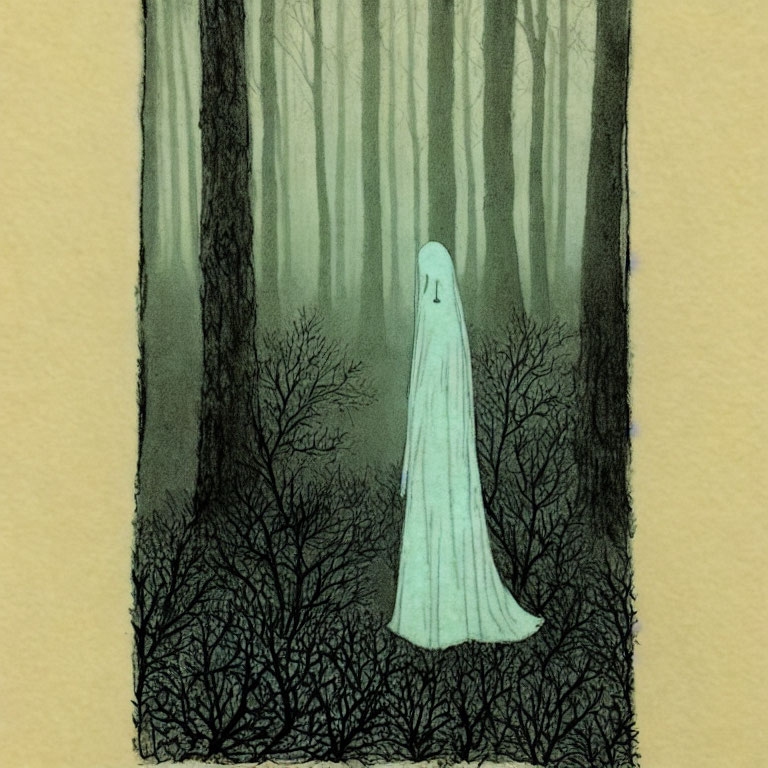 Ghostly Figure in Misty Forest with Dense Tree Trunks