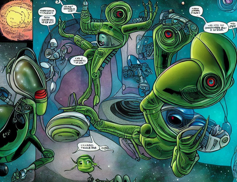 Colorful Comic Book Page: Green Alien Robots in Space with Expressive Eyes and Antennae