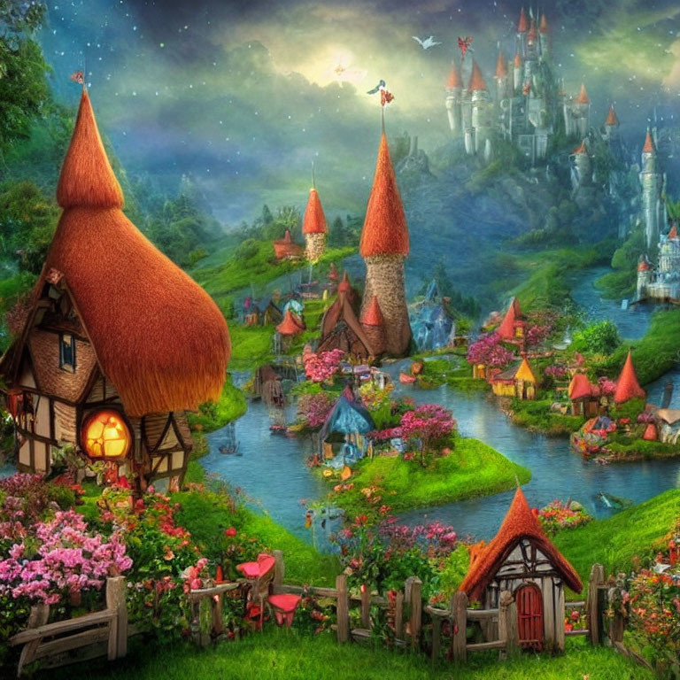 Enchanted village with thatched-roof cottages, vibrant flowers, river, and castle at