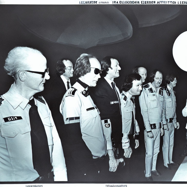 Uniformed Men in Row with Sunglasses Expressions in Curved Room