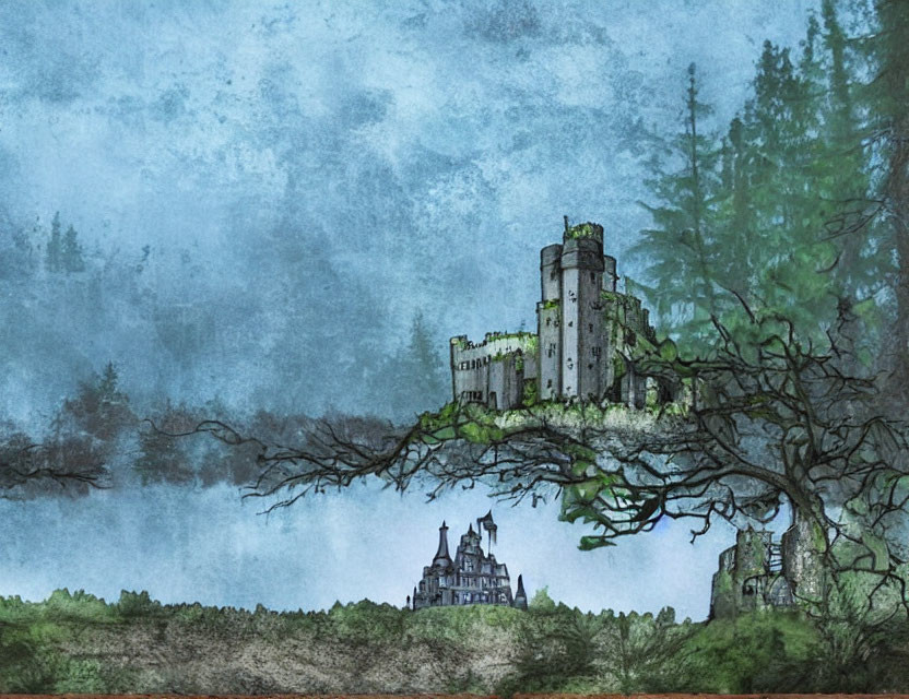 Stylized artwork of weathered castle on lush hill with towering trees