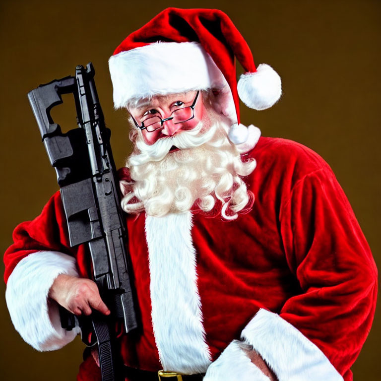 Person in Santa Costume Holding Large Toy Gun on Brown Backdrop