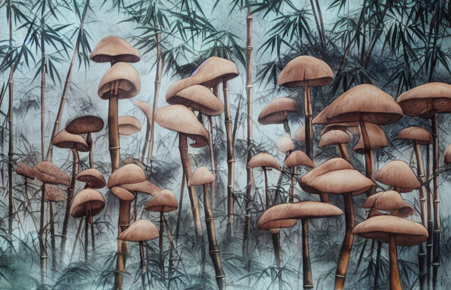 Realistic brown mushrooms on bamboo backdrop