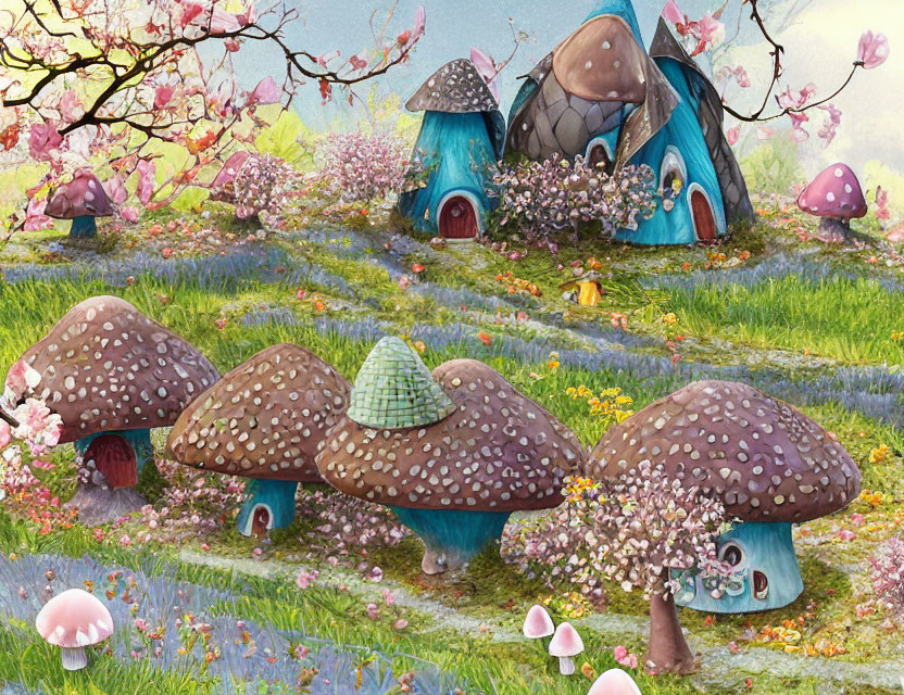 Whimsical fairy-tale village with mushroom houses and vibrant flowers