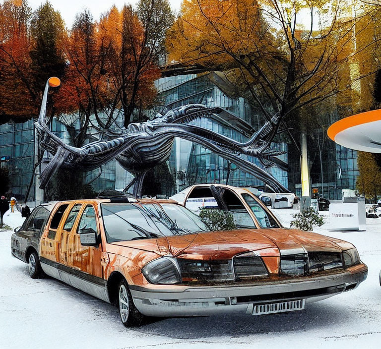 Rusty limousine, futuristic building, metal spider sculpture in autumn setting