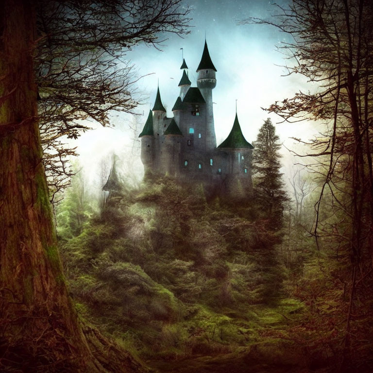 Mystical castle with spires in foggy forest under eerie green light