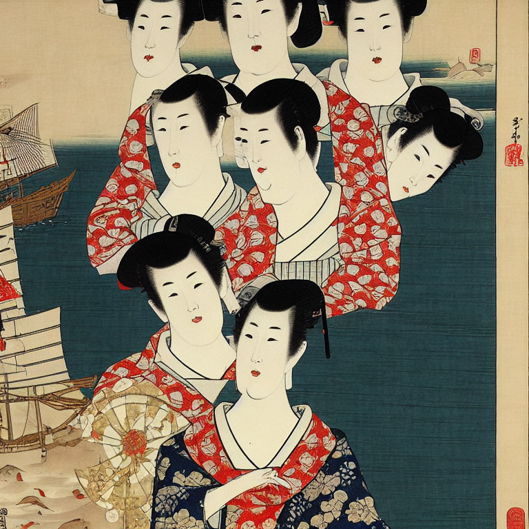 Japanese woodblock print: Five geisha in kimonos by calm sea