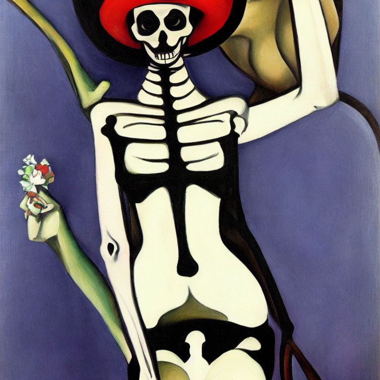 Stylized painting of skeleton in red hat with blue background and bouquet