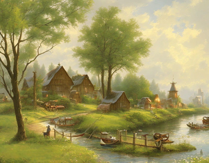 Riverside village scene at dusk with thatched cottages, windmill, boats, and person
