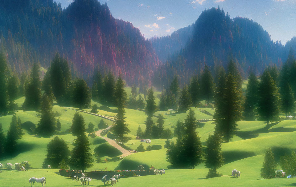 Tranquil Mountain Landscape with Green Meadows and Grazing Sheep