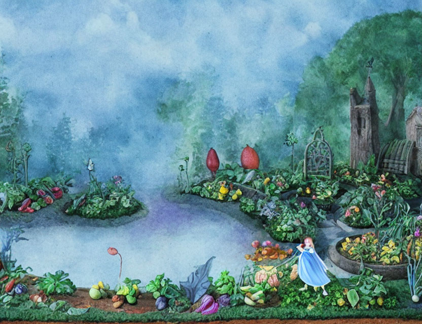 Watercolor garden scene with girl in blue dress, pond, oversized fruits, and misty sky