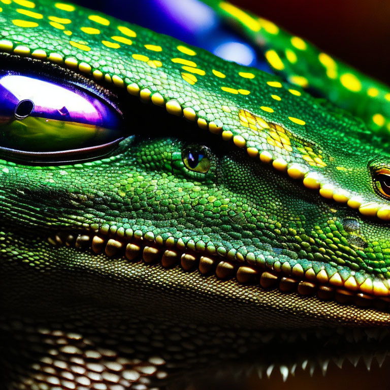 Detailed Close-Up of Vibrant Green and Yellow Reptile's Eye and Scales