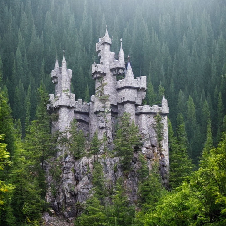 Stone castle with turrets in dense forest on rugged cliff shrouded in mist