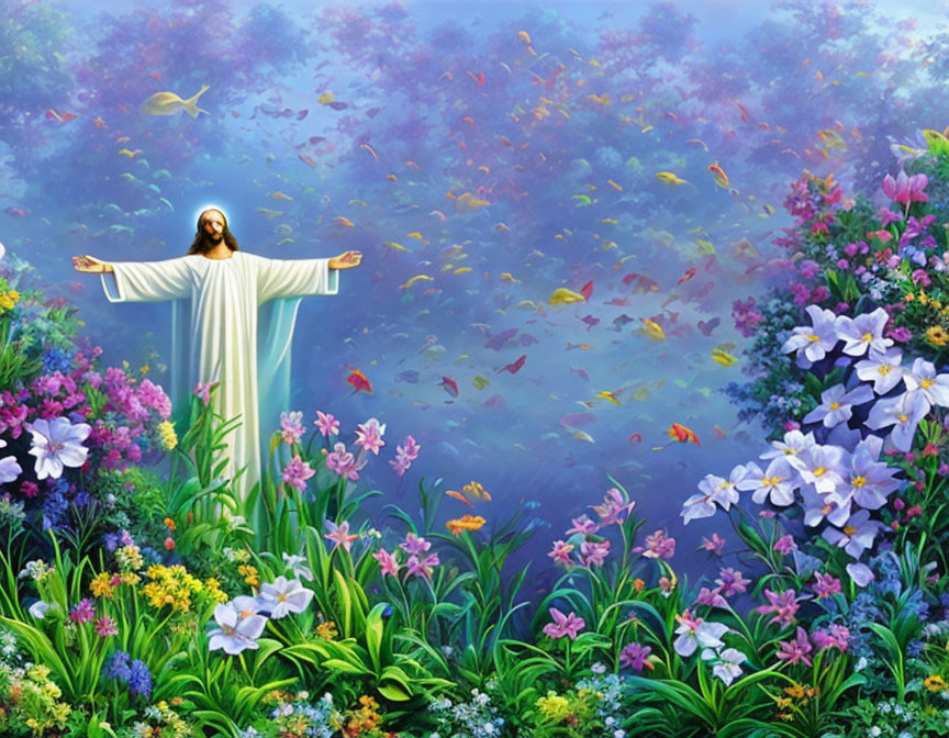 Colorful floral background with Jesus-like figure and fish - Artistic Image