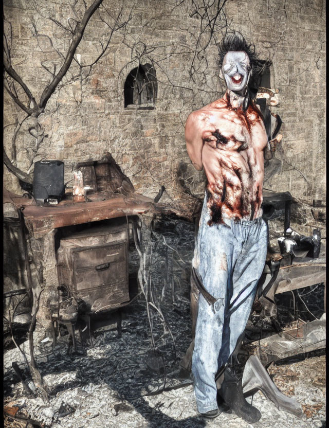 Muscular figure with clown face paint in bleak, abandoned scene.