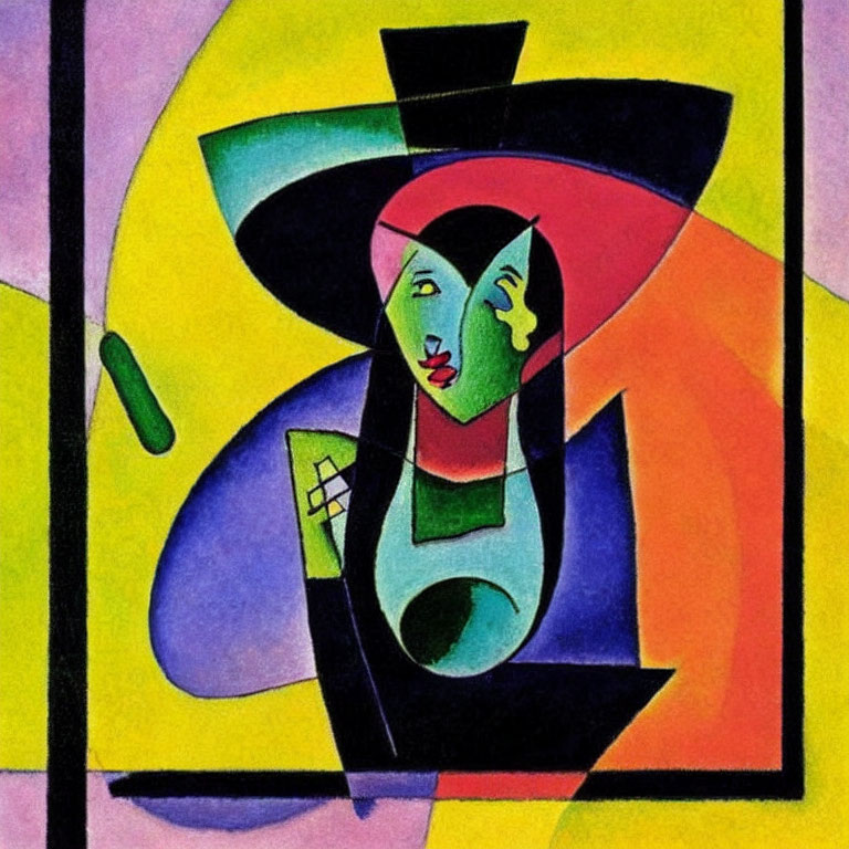 Colorful Cubist Painting Featuring Fragmented Facial Features and Geometric Shapes