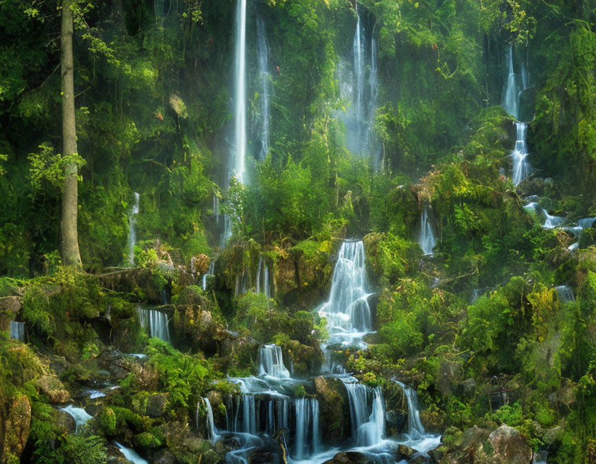 Tranquil multi-tiered waterfall in lush greenery