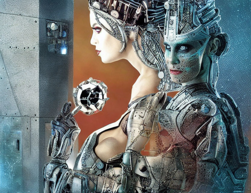 Futuristic cyborg women with mechanical details and tech backdrop