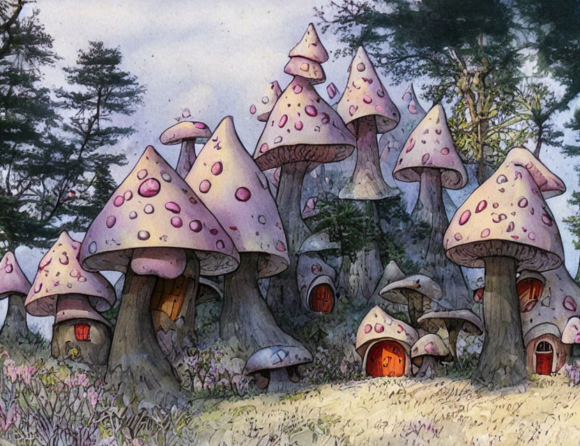 Whimsical Mushroom Houses in Serene Fantasy Forest