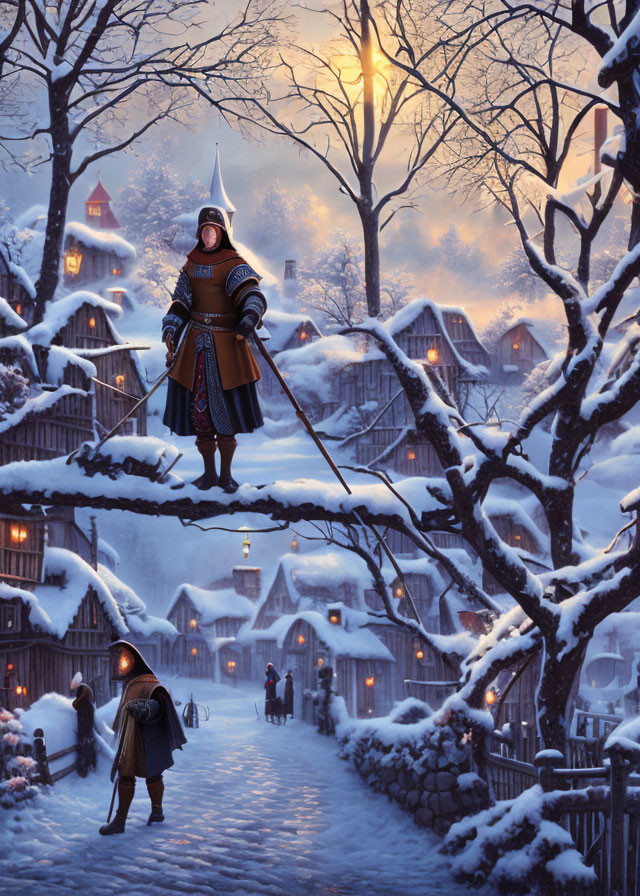 Medieval knight with spear in snowy village at dusk