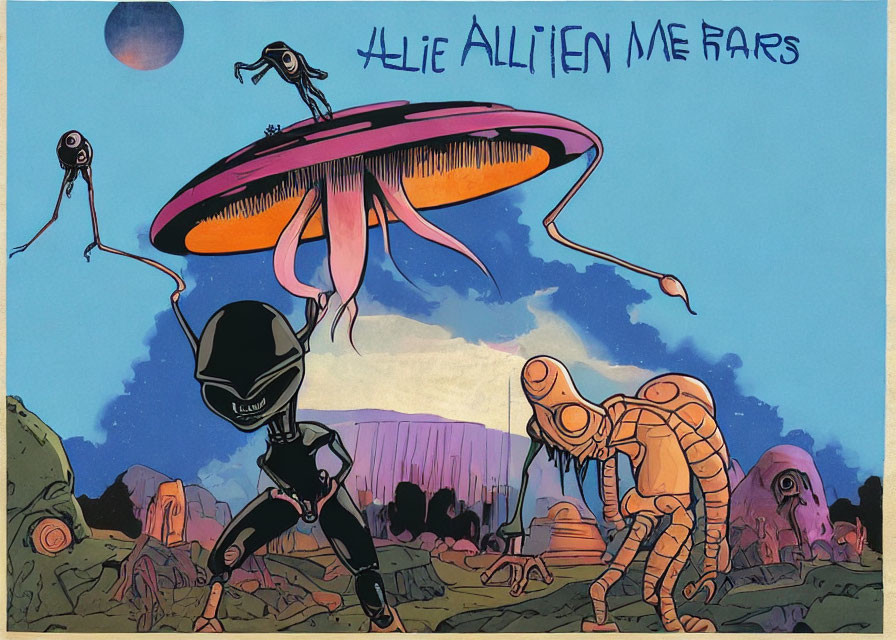 Vibrant alien and UFO artwork in desert setting with skull and quirky text