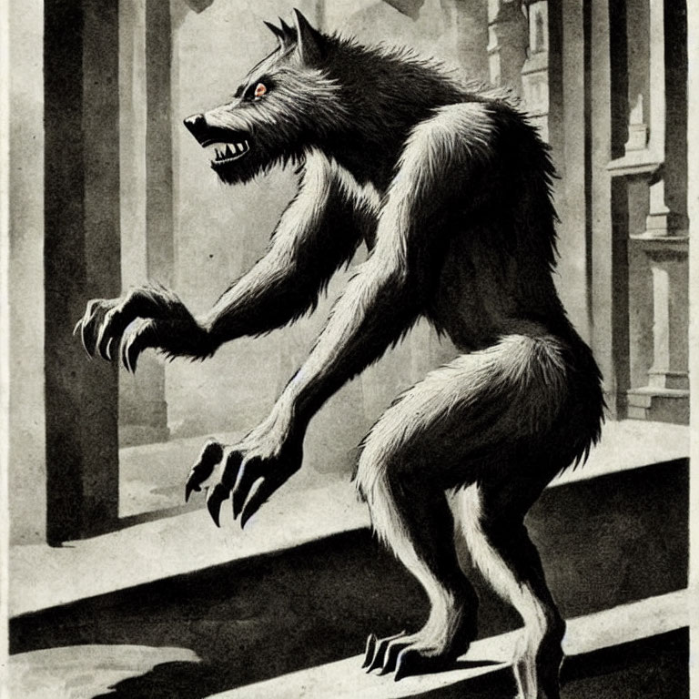 Vintage werewolf illustration in gothic setting.